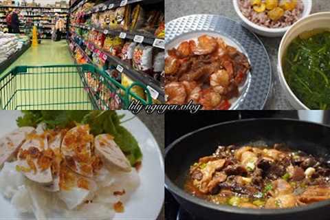 Grocery shopping in Canada, a typical Vietnamese meal, making rice rolls from store bought flour.