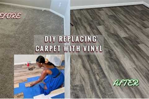 DIY VINYL FLOORING | HOW TO REPLACE CARPET WITH VINYL | EASY &amp; AFFORDABLE TRANSFORMATION