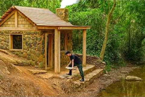 30 Days Solo Bushcraft, Building a Cozy House by the Stream, Catching and Cooking