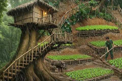 Solo Survival in the Rainforest | Building a Tree Shelter from Natural Wood & Finding Food