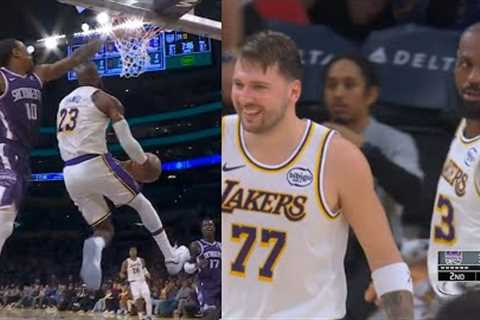 LeBron James reverse dunk then Luka Doncic blocks DeMar DeRozan 🔥