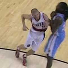 Steve Blake drops Kenneth Faried (Denver Nuggets at Portland Trail Blazers)