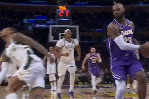 LeBron James looks at KPJ for trying to steal it before dunk vs Bucks 😂