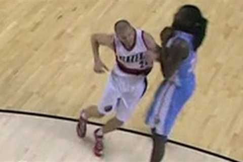 Steve Blake drops Kenneth Faried (Denver Nuggets at Portland Trail Blazers)