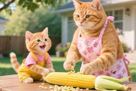 Mama Cat And Ginger Kitten Harvest Corn To Make Pasta At Home Because The Kitten Craves It So Much!