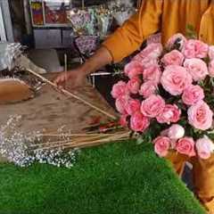 How to Make Artificial Flowers Bouquet with Pink Roses, Babybreaths and Ribbon for Wedding Tutorial