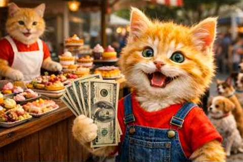 Mama Cat Teaches Ginger Kitten to Bake Cakes to Sell at the Market 🐱🎂🛒