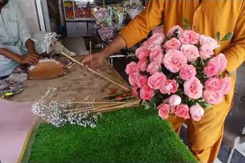 How to Make Artificial Flowers Bouquet with Pink Roses, Babybreaths and Ribbon for Wedding Tutorial