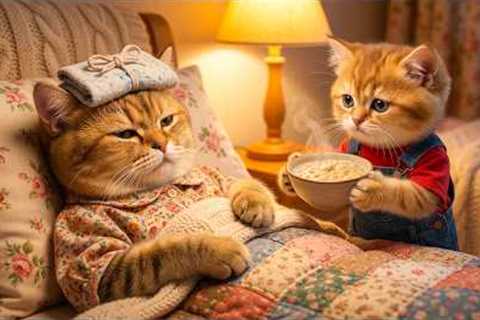 Mama Cat Carries the Ginger Kitten into the Kitchen to Cook Seafood Porridge 🍲🐾