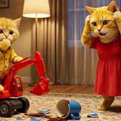 Ginger Kitten Plays with a Toy Excavator and Breaks a Cup – Gets Scolded by Mama Cat!