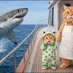 Ginger Kitten and Mama Cat Go Fishing in the Sea and Suddenly Encounter a Giant Shark! 🐱🦈