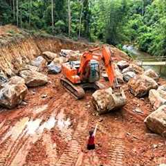 High Power Excavator Breaking Massive Rocks, Building A New House On A Steep Mountainside