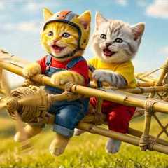 Ginger Kitten Builds a Bamboo Airplane – Mama Cat Is So Proud!