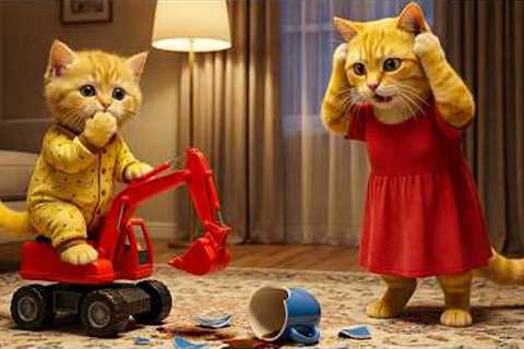 Ginger Kitten Plays with a Toy Excavator and Breaks a Cup – Gets Scolded by Mama Cat!