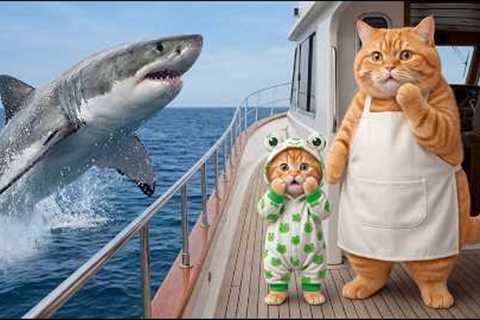 Ginger Kitten and Mama Cat Go Fishing in the Sea and Suddenly Encounter a Giant Shark! 🐱🦈