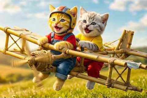 Ginger Kitten Builds a Bamboo Airplane – Mama Cat Is So Proud!