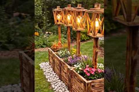 Rustic Wooden Lantern Garden Bed | Cozy Backyard Lighting Idea ✨🌿🪵#gardenlighting #backyarddesign
