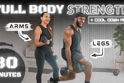 30 Minute Full Body Dumbbell Heavy Strength Workout [+ Cool Down Abs]